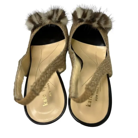 Kate Spade Galore Mink Bow Tweed Slingback Heels Womens Size 8.5‎