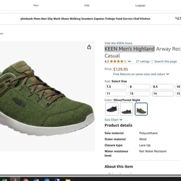 Keen Leather Highland Green Wool Walking Sneaker Shoes 12 Olive/Forest Night