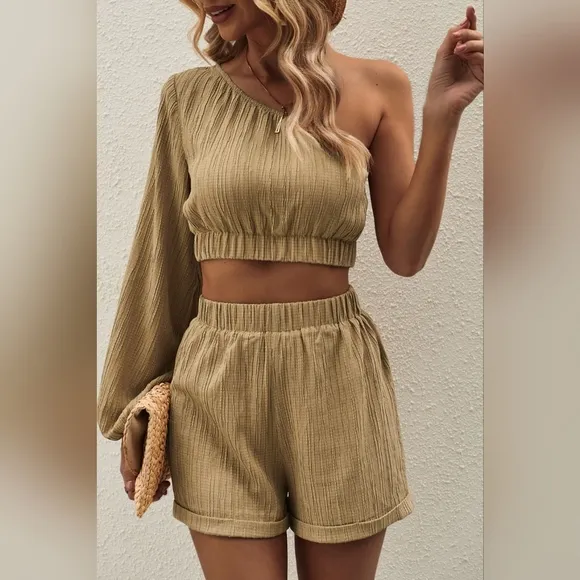 Khaki One-Shoulder Shorts Set