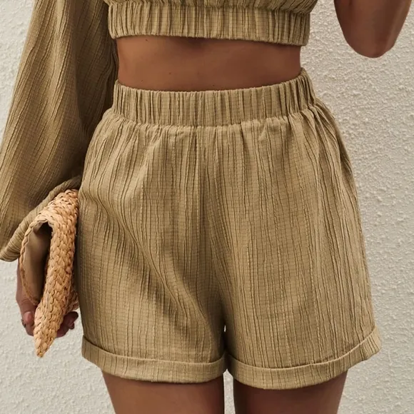 Khaki One-Shoulder Shorts Set