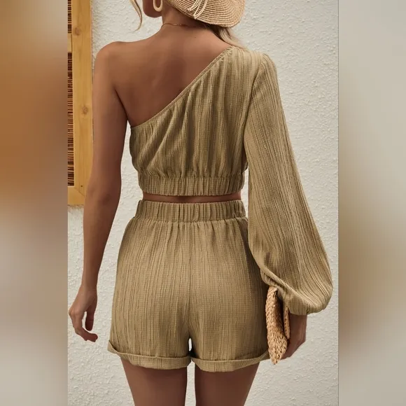 Khaki One-Shoulder Shorts Set