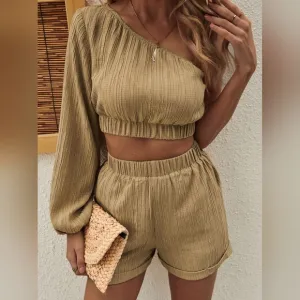 Khaki One-Shoulder Shorts Set