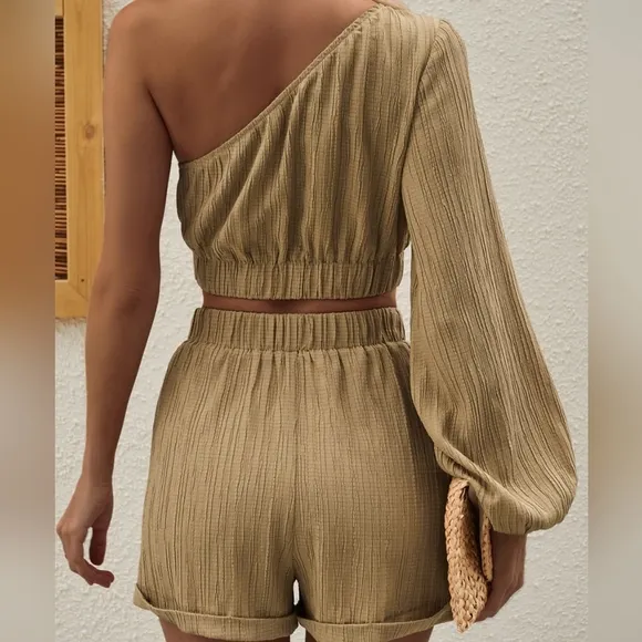 Khaki One-Shoulder Shorts Set