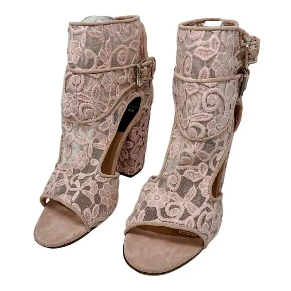 Laurence Dacade Rush Floral Lace Mesh Block Heel Sandals Pink size FR39.5 US8.5