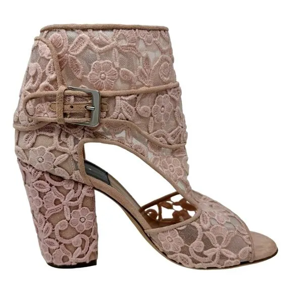Laurence Dacade Rush Floral Lace Mesh Block Heel Sandals Pink size FR39.5 US8.5