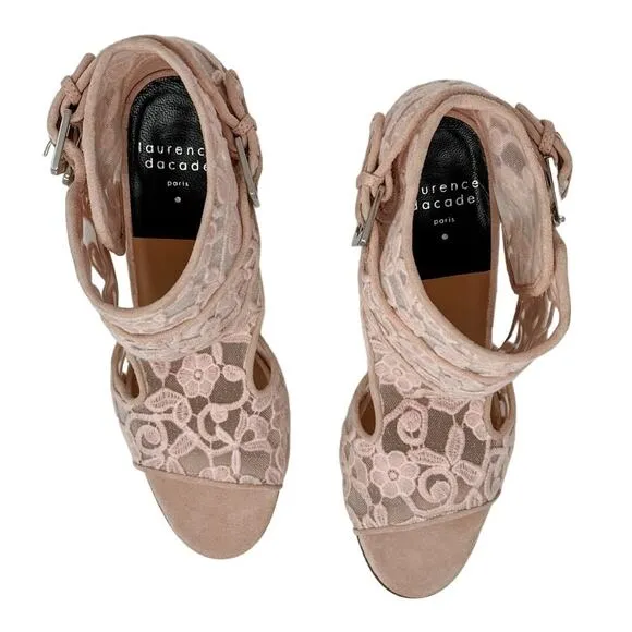Laurence Dacade Rush Floral Lace Mesh Block Heel Sandals Pink size FR39.5 US8.5