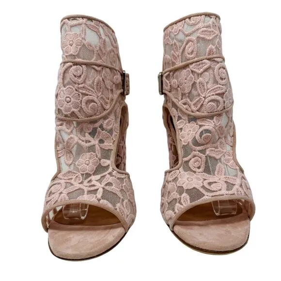 Laurence Dacade Rush Floral Lace Mesh Block Heel Sandals Pink size FR39.5 US8.5