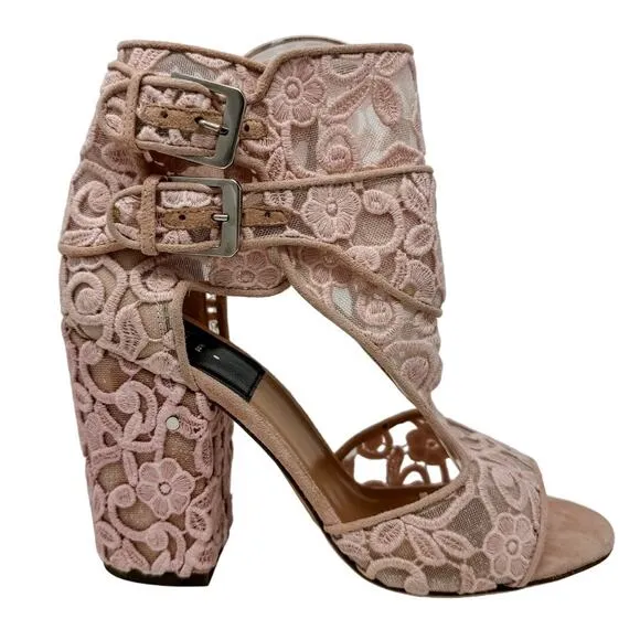 Laurence Dacade Rush Floral Lace Mesh Block Heel Sandals Pink size FR39.5 US8.5