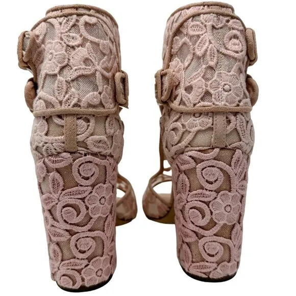 Laurence Dacade Rush Floral Lace Mesh Block Heel Sandals Pink size FR39.5 US8.5