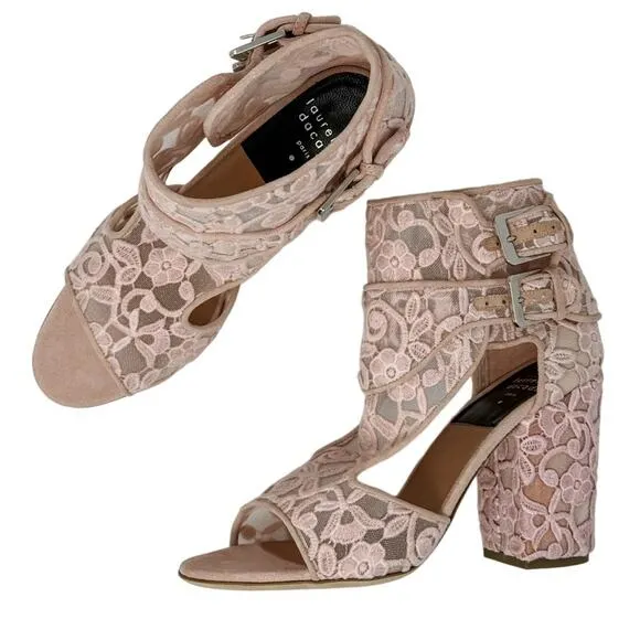Laurence Dacade Rush Floral Lace Mesh Block Heel Sandals Pink size FR39.5 US8.5