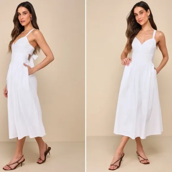 LULU's Casual White Summer Bridal Honeymoon Vacation Midi Dress Pockets NWOT