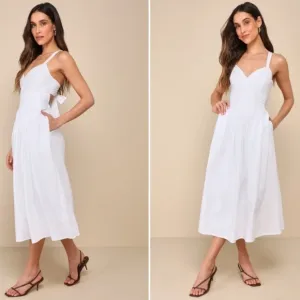 LULU's Casual White Summer Bridal Honeymoon Vacation Midi Dress Pockets NWOT