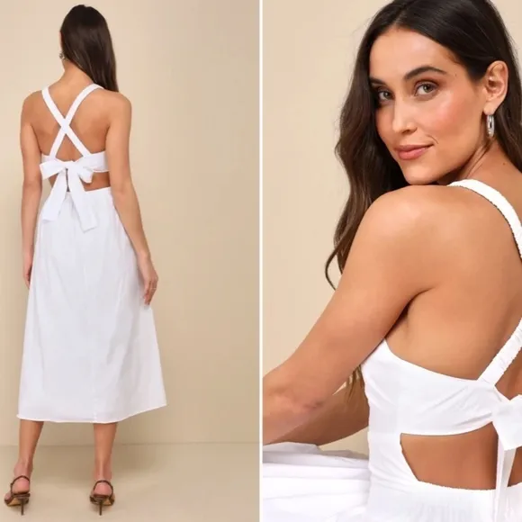 LULU's Casual White Summer Bridal Honeymoon Vacation Midi Dress Pockets NWOT