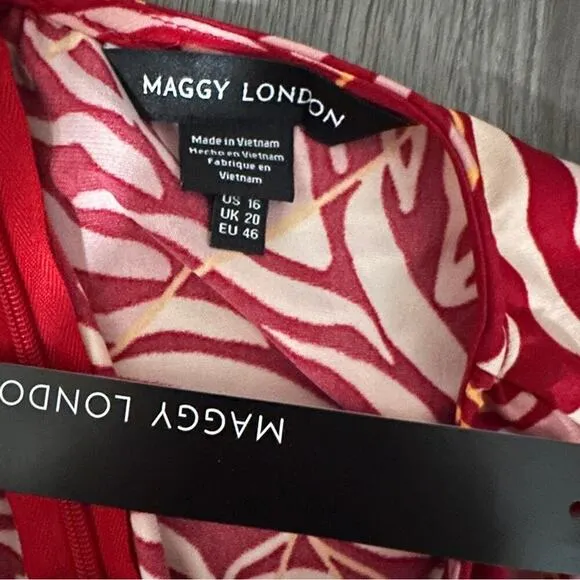 Maggy London Red, White &amp; Pink Tropical Floral Sleeveless Maxi Dress Sz 16‎ NEW