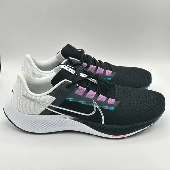 Men Nike Pegasus 38 Road Running Shoes Black/White/Blue/Silver CW7356-003 Sz 12