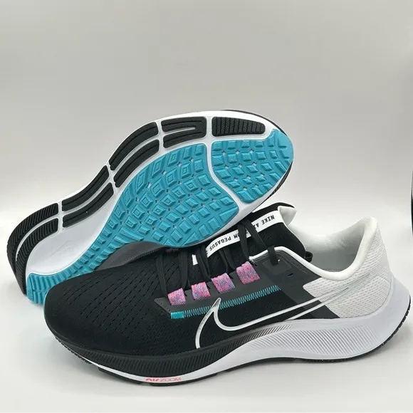Men Nike Pegasus 38 Road Running Shoes Black/White/Blue/Silver CW7356-003 Sz 12