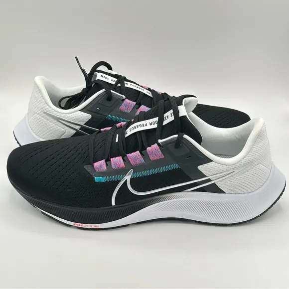 Men Nike Pegasus 38 Road Running Shoes Black/White/Blue/Silver CW7356-003 Sz 12
