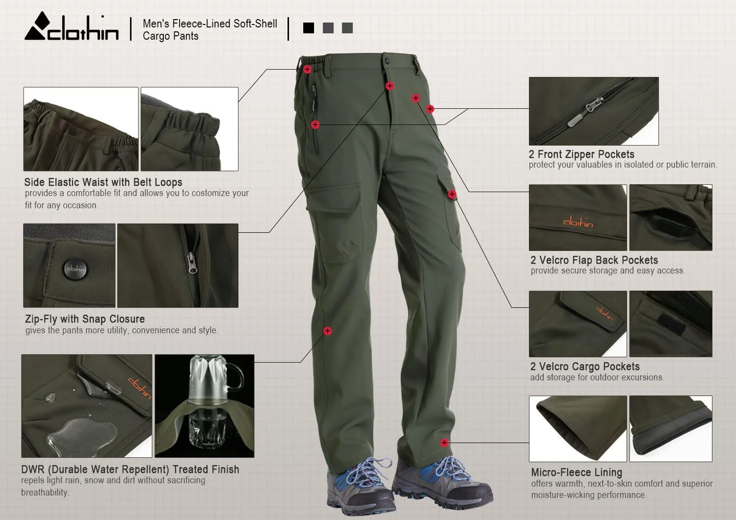 Men'S Insulated Pants Fleece Lined Snow Pants Softshell Water and Wind-Resistant