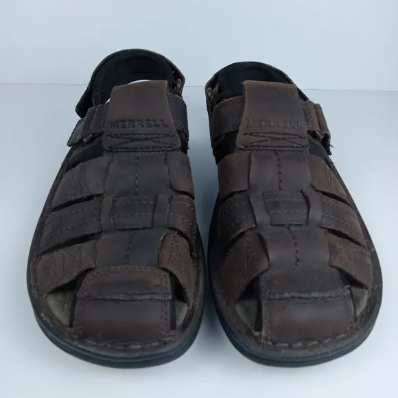 Merrell Sandals Mens 9 Brown Leather Outdoor Hiking Hook &amp; Loop Strap Fisherman