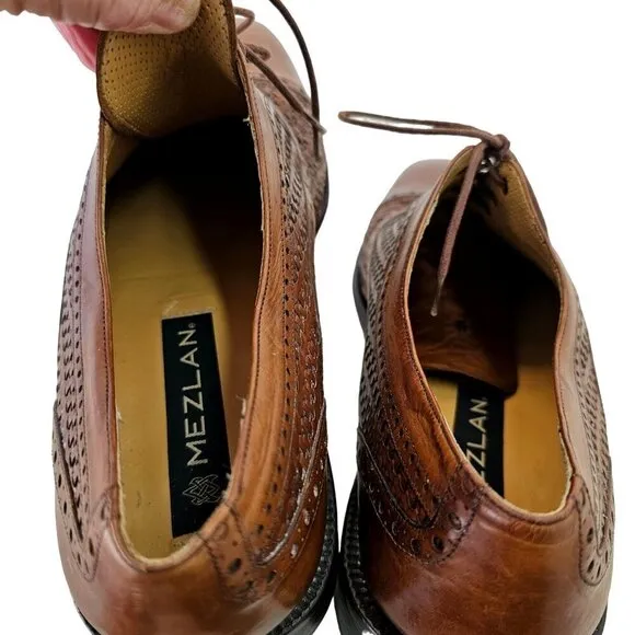 Mezlan Dubai Brown Woven Wingtip Shoes Mens 9M All Leather Oxford Made in Spain