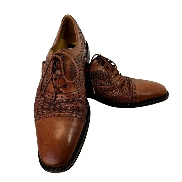 Mezlan Dubai Brown Woven Wingtip Shoes Mens 9M All Leather Oxford Made in Spain