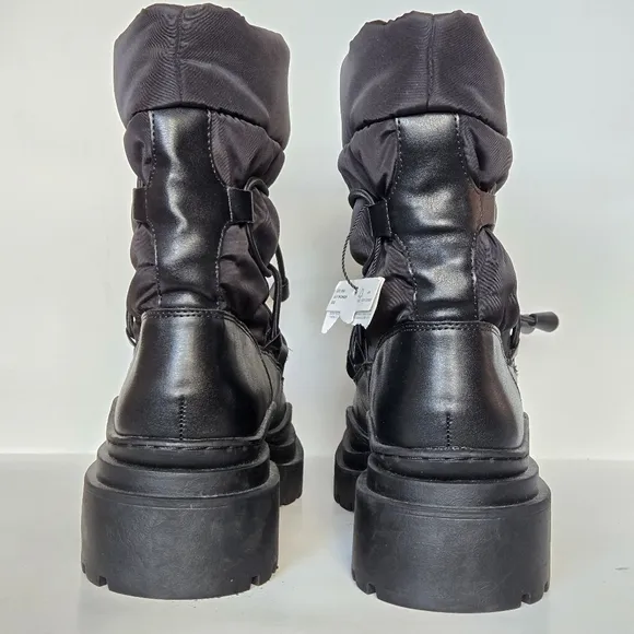 MNG by Mango women black leather canvas waterproof combat boots US 38