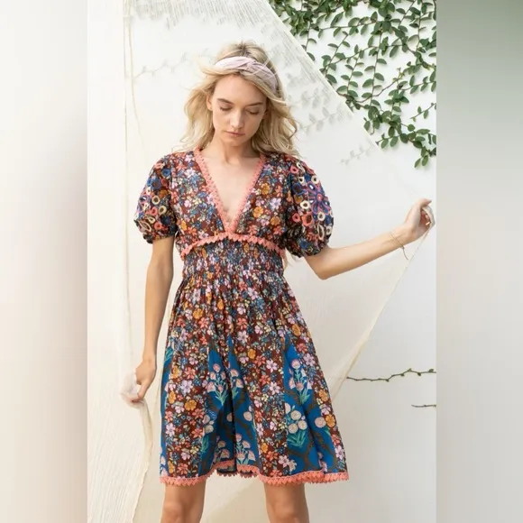 New Anthropologie Barok Dress Floral Puff Balloon Embroidered Sleeve Size Medium