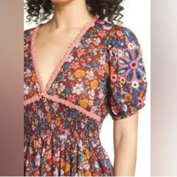 New Anthropologie Barok Dress Floral Puff Balloon Embroidered Sleeve Size Medium