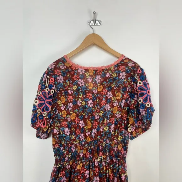 New Anthropologie Barok Dress Floral Puff Balloon Embroidered Sleeve Size Medium