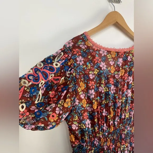 New Anthropologie Barok Dress Floral Puff Balloon Embroidered Sleeve Size Medium