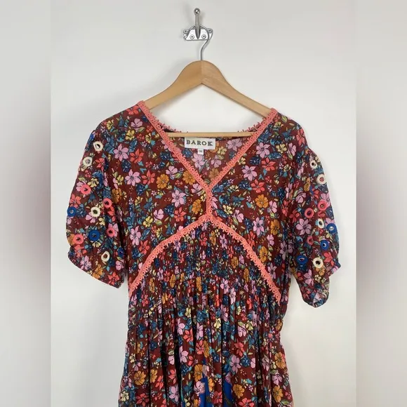 New Anthropologie Barok Dress Floral Puff Balloon Embroidered Sleeve Size Medium