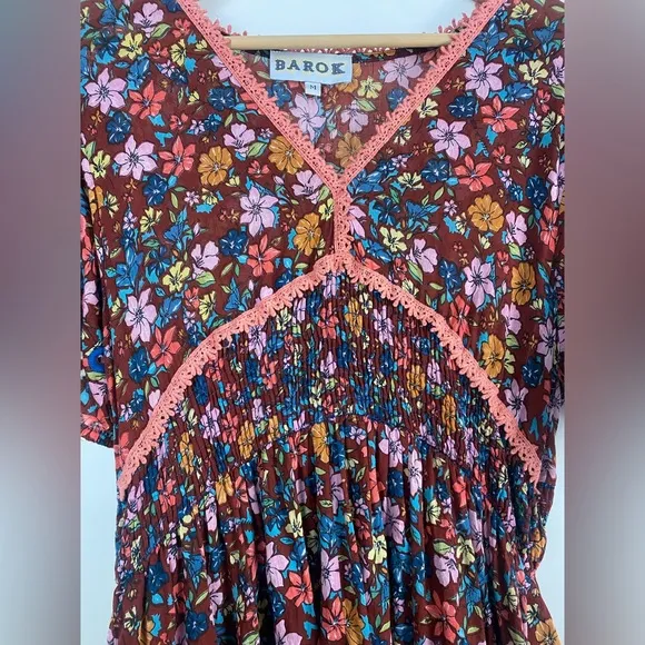 New Anthropologie Barok Dress Floral Puff Balloon Embroidered Sleeve Size Medium