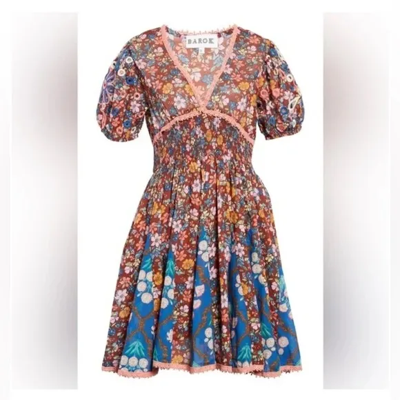 New Anthropologie Barok Dress Floral Puff Balloon Embroidered Sleeve Size Medium