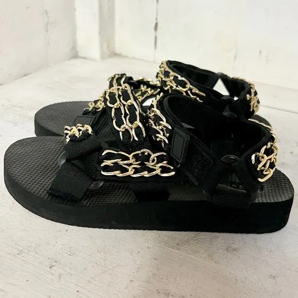 NEW Arizona Love Trekky Chain Flat Slip On Sport Sandals Black Womens EU 36/US 6