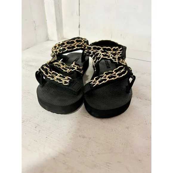 NEW Arizona Love Trekky Chain Flat Slip On Sport Sandals Black Womens EU 36/US 6