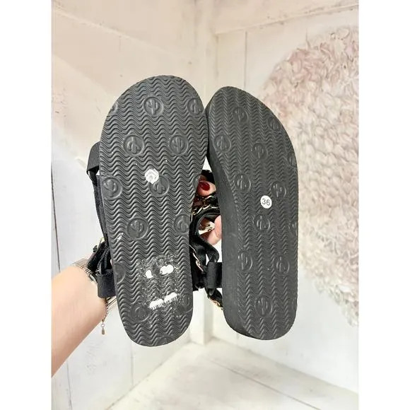 NEW Arizona Love Trekky Chain Flat Slip On Sport Sandals Black Womens EU 36/US 6