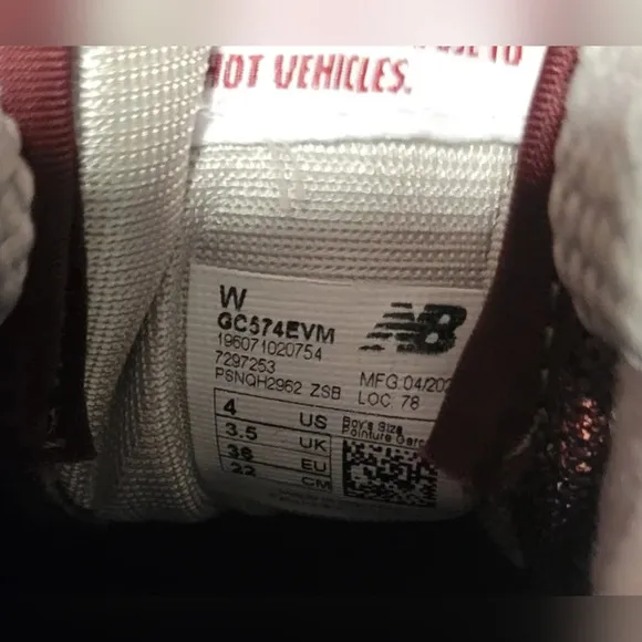 New Balance 574 Core Pack - Burgundy Womens Size 5.5 (Big Kid Size 4)