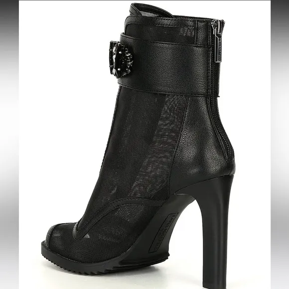 New Karl Lagerfeld Blayze Embellished Ornament Strap Peep Toe Booties Shoes Blk