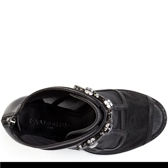 New Karl Lagerfeld Blayze Embellished Ornament Strap Peep Toe Booties Shoes Blk