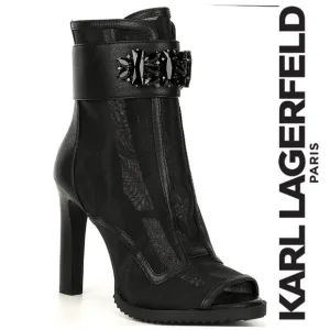 New Karl Lagerfeld Blayze Embellished Ornament Strap Peep Toe Booties Shoes Blk