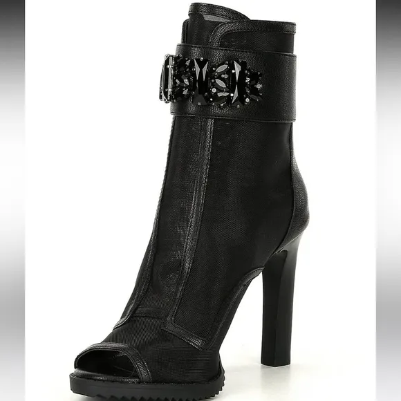 New Karl Lagerfeld Blayze Embellished Ornament Strap Peep Toe Booties Shoes Blk