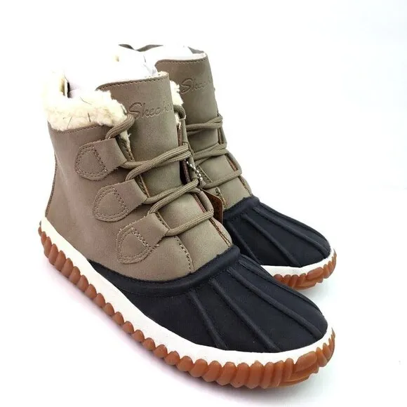NEW Skechers Jagged Pond Womens Size 5 Black Taupe Waterproof Duck Boots 167286