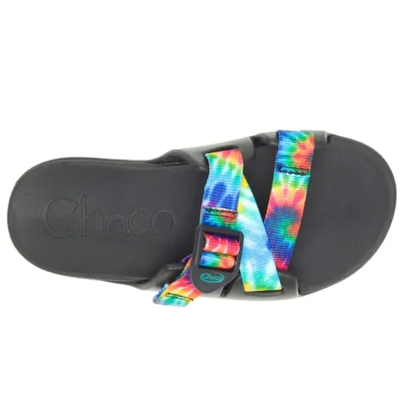 NIB Chaco Chillos Slide Sandal In Black Rainbow Tie Dye Kids Size 5