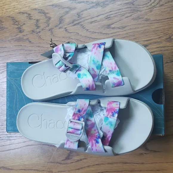 NIB Chaco Chillos Slide Sandal White And Multicolor Tie Dye Print Kids Size 4