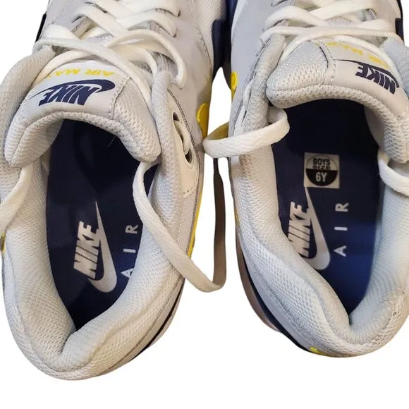 Nike Air Max 1 Big Kids Shoes Size 6Y DZ3307-107, White/Blue/Yellow Sneakers