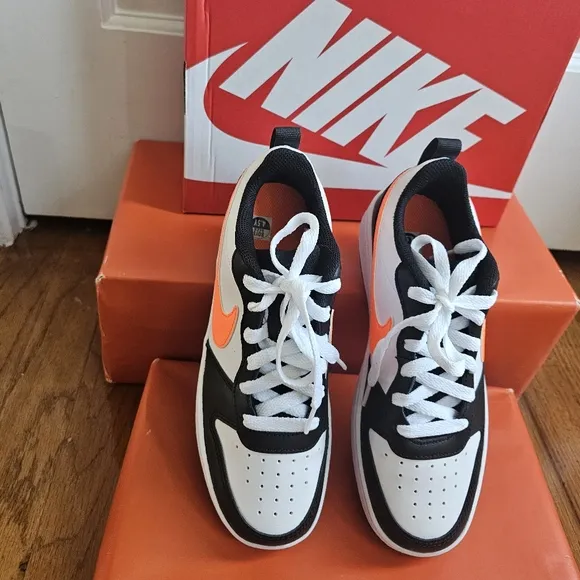 Nike Kids Court Borough Low Recraft White, Total Orange &amp; Black Shoes. New w/box