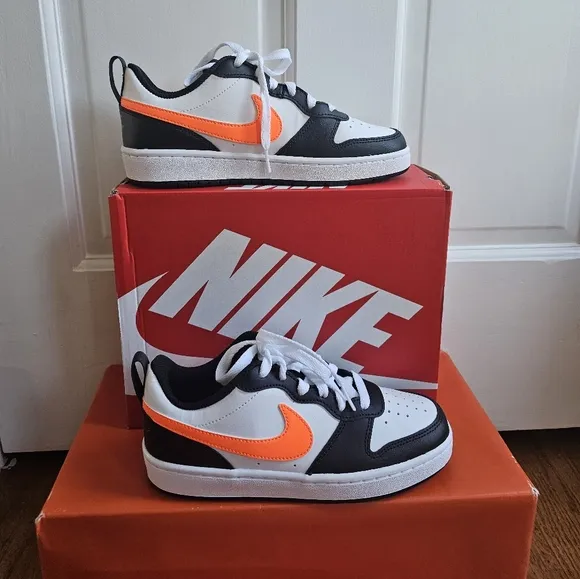 Nike Kids Court Borough Low Recraft White, Total Orange &amp; Black Shoes. New w/box
