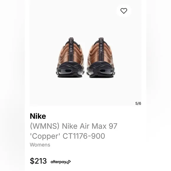 Nike wmns Air Max 97 “Copper”, limited edition, sz 8. Resale value $213 