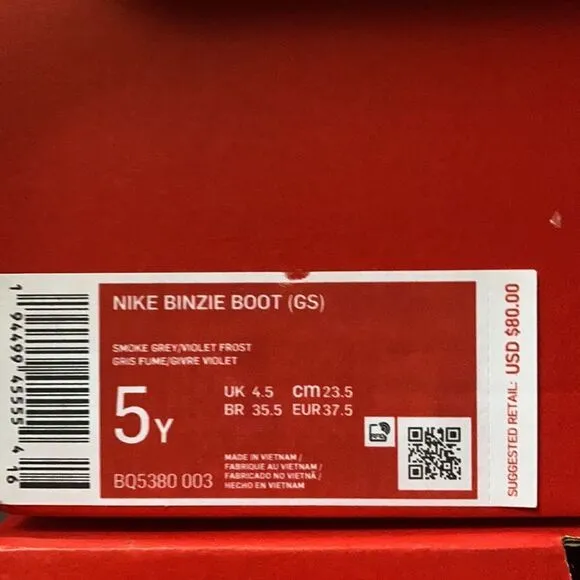 Nike Binzie Waterproof Rain Boots Sneakers Youth Size 5Y Grey Violet Brand New!