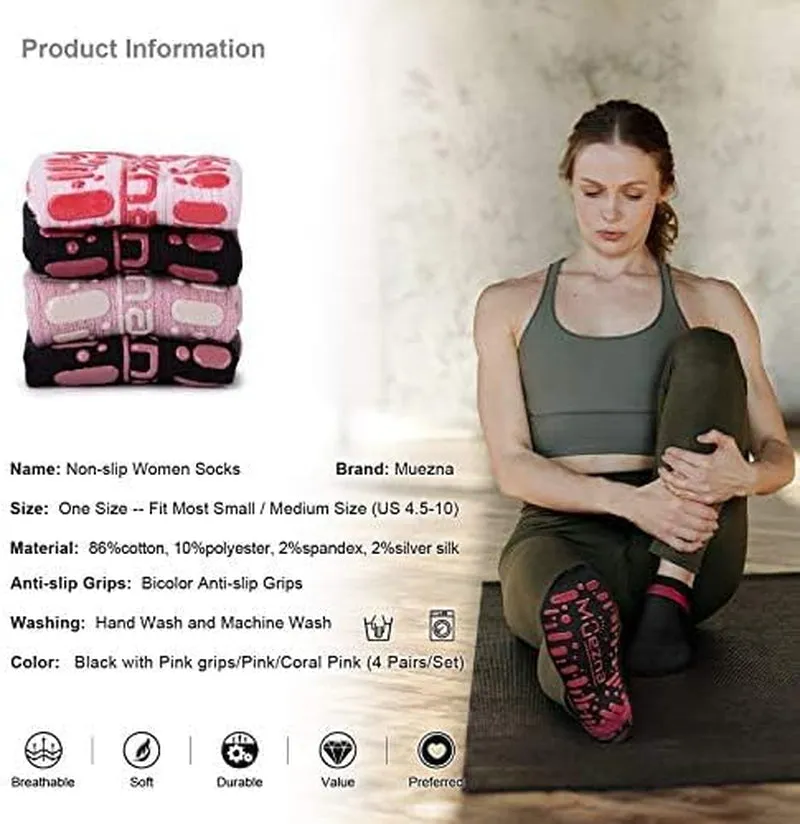 Non Slip Socks for Women, Anti-Skid Pilates, Barre, Hospital Socks with Grips, Size 5-10